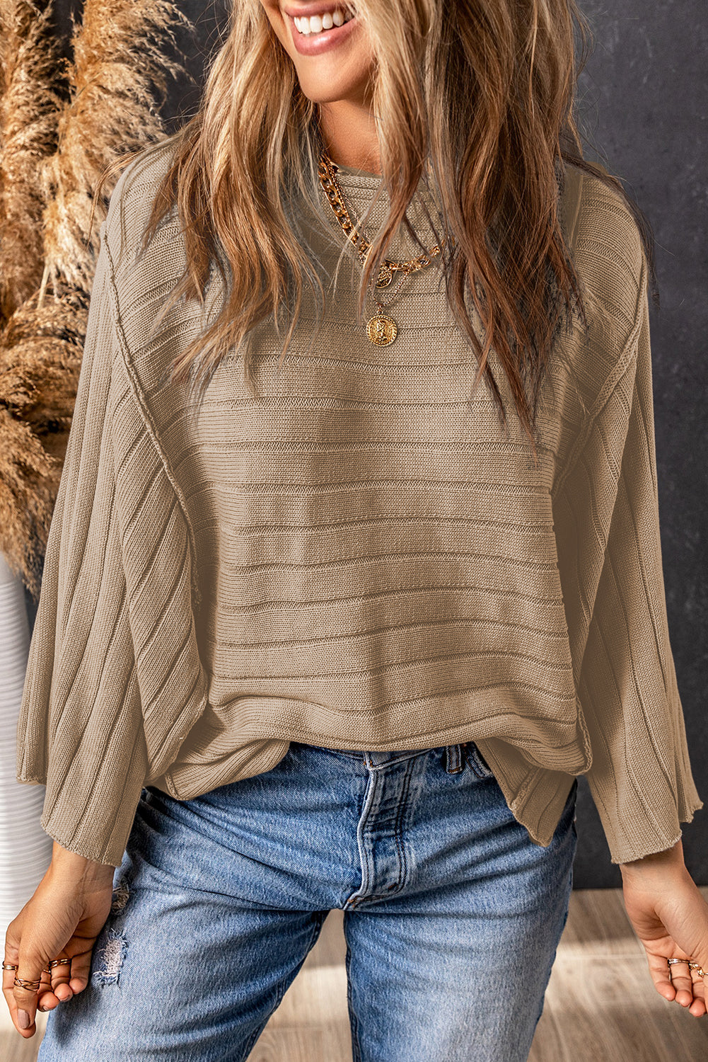 Green Exposed Seam Ribbed Knit Dolman Top