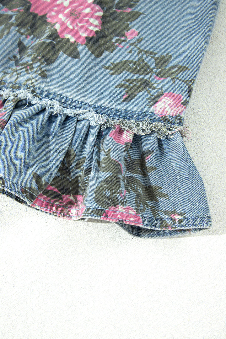 Sky Blue Floral Print Raw Seam Ruffle Hem Denim Jacket