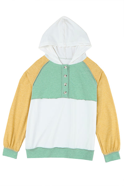 Yellow Colorblock Button Accent Pullover Hoodie