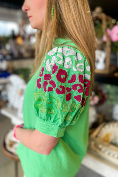 Green Leopard Printed Bubble Sleeve V Neck Blouse