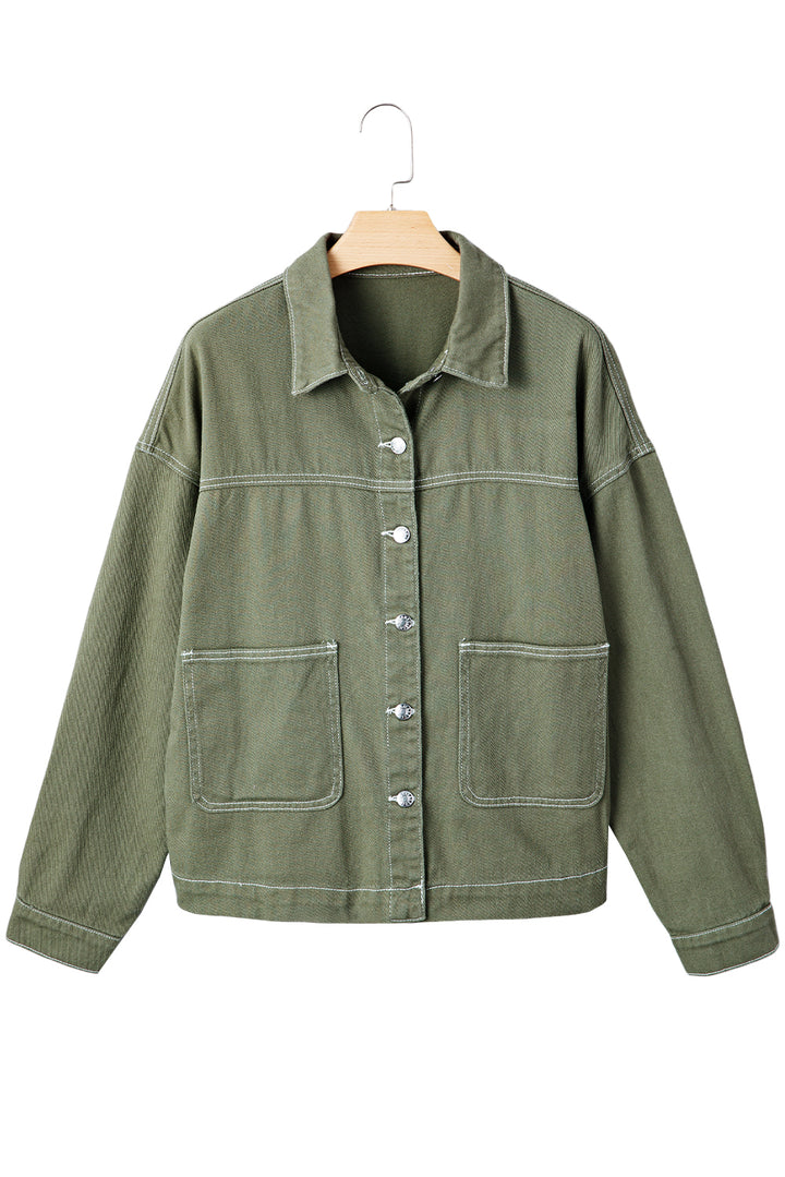 Smoke Green Patched Pocket Collared Button Front Boyfriend Denim Jacket