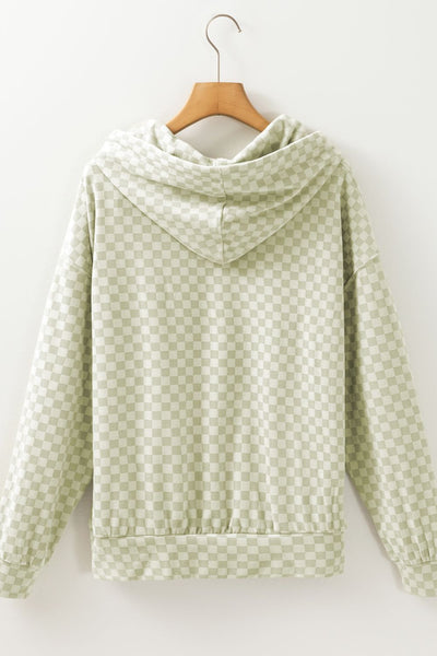 Checkered Print Kangaroo Pocket Drawstring Hoodie