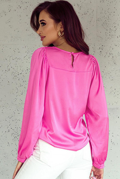 Pink Satin Puff Long Sleeve Crewneck Blouse