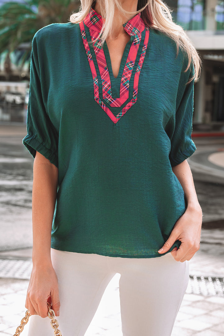 Evergreen Contrast Plaid Patchwork V Neck Half Sleeve Blouse
