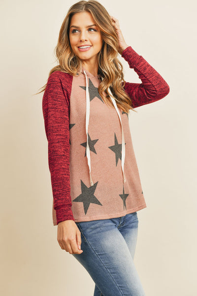 Brushed Hacci Sleeve Rib Detail Star Print Hoodie With Drawstring