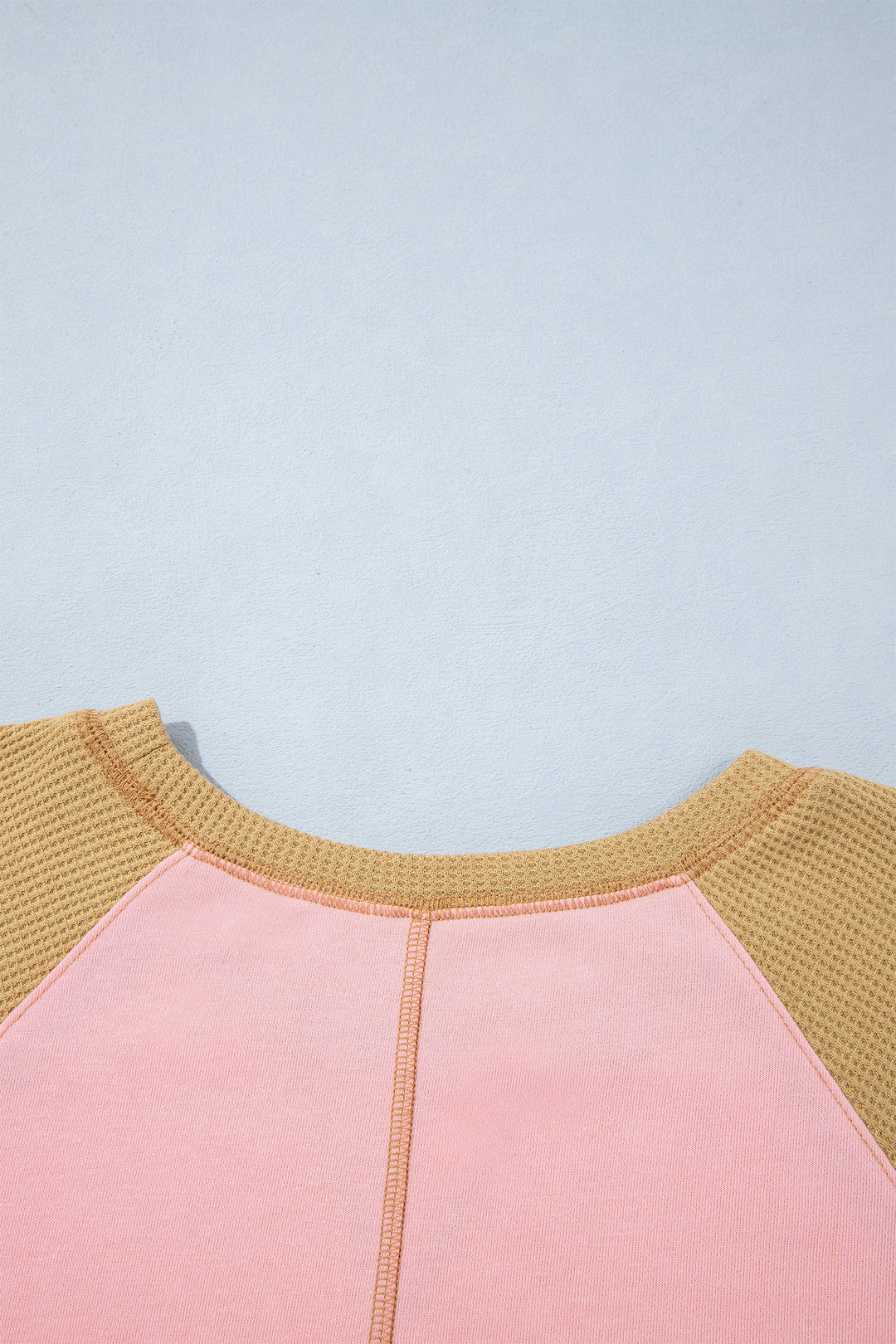 Apricot Pink Color Block Floral Waffle Mixed Patchwork Long Sleeve Top