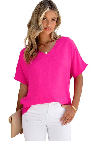 Rose Solid V Neck Short Sleeve Blouse