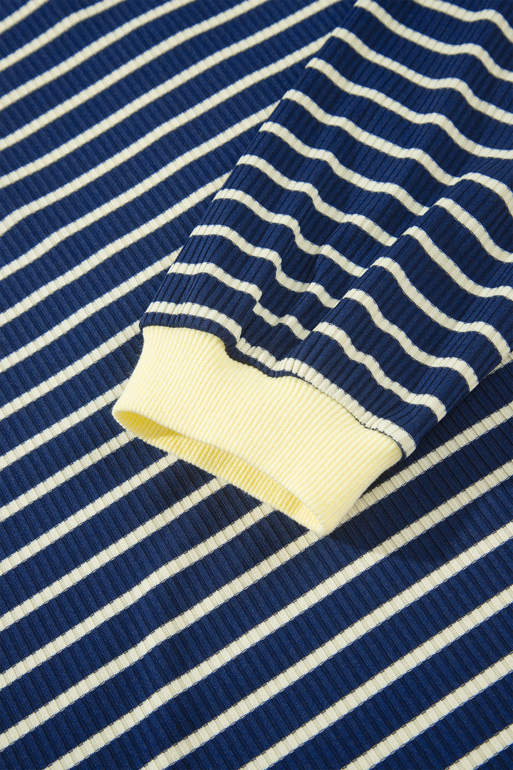 Blue Stripe Color Block Patchwork Zip V Neck Pullover Loose Pants 2pcs Set