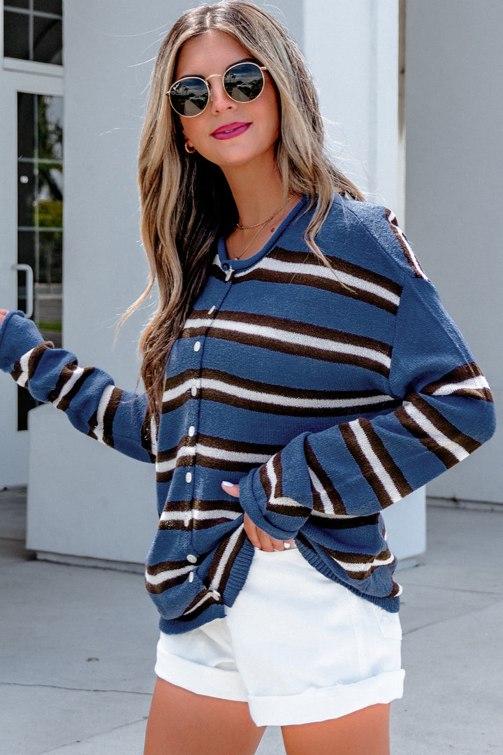 Blue Stripe Striped Drop Shoulder Button Cardigan