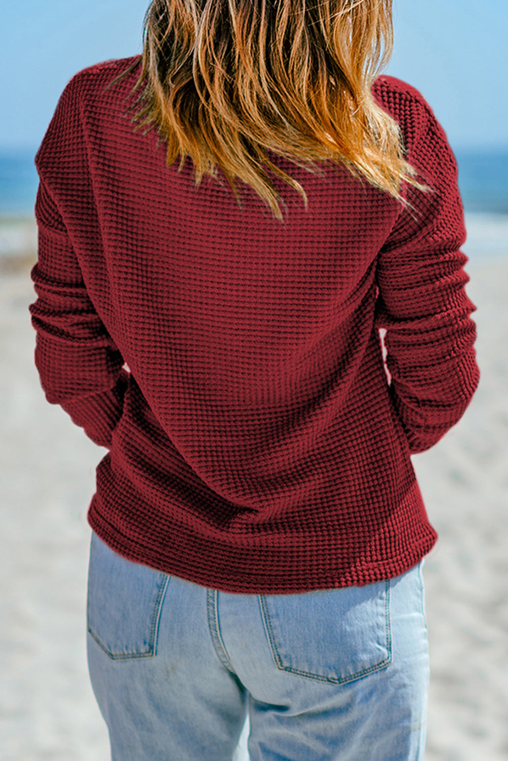 Fiery Red Waffle Knit Drop Shoulder Long Sleeve Top