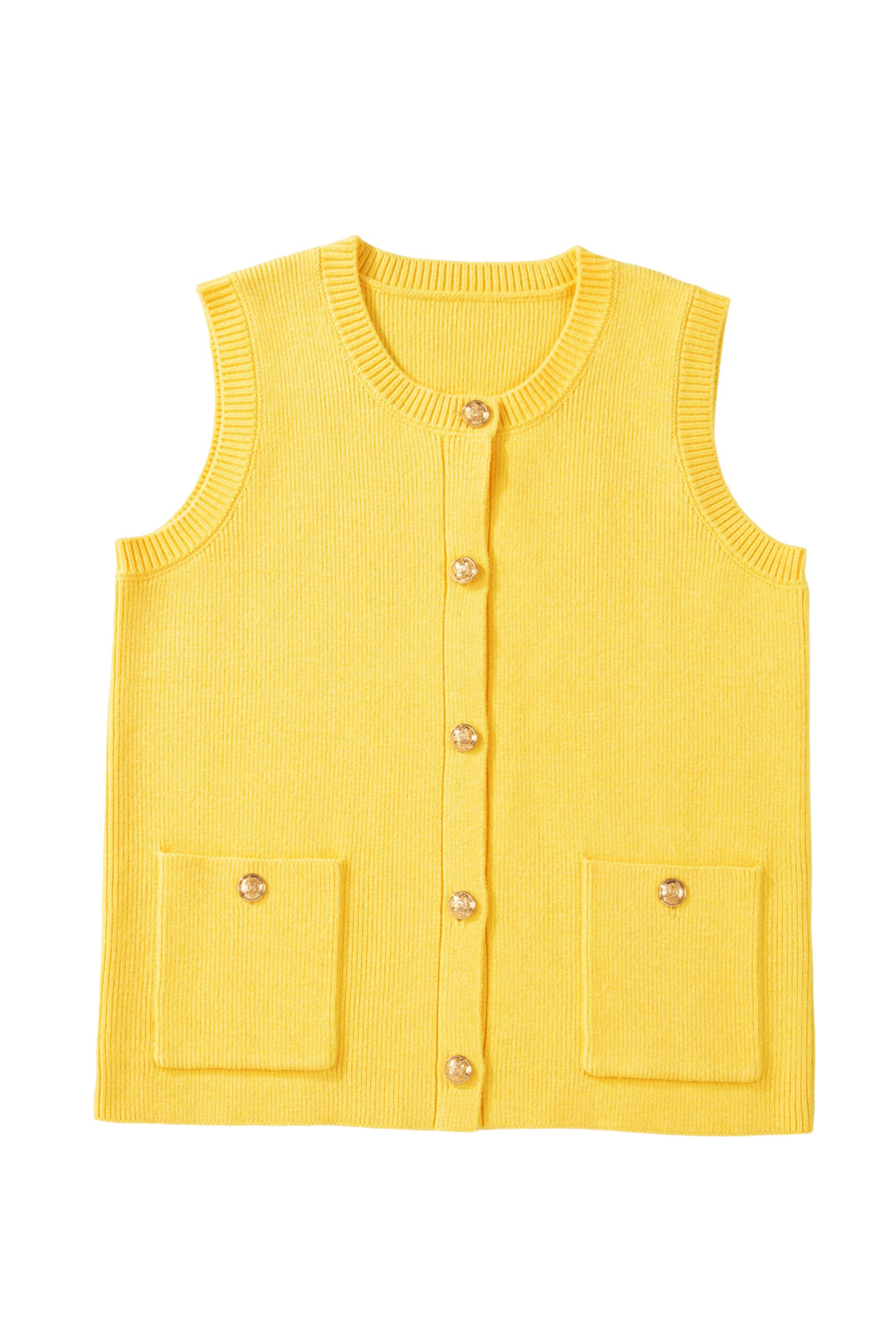 White Solid Color Sleeveless Knit Button Pocketed Sweater
