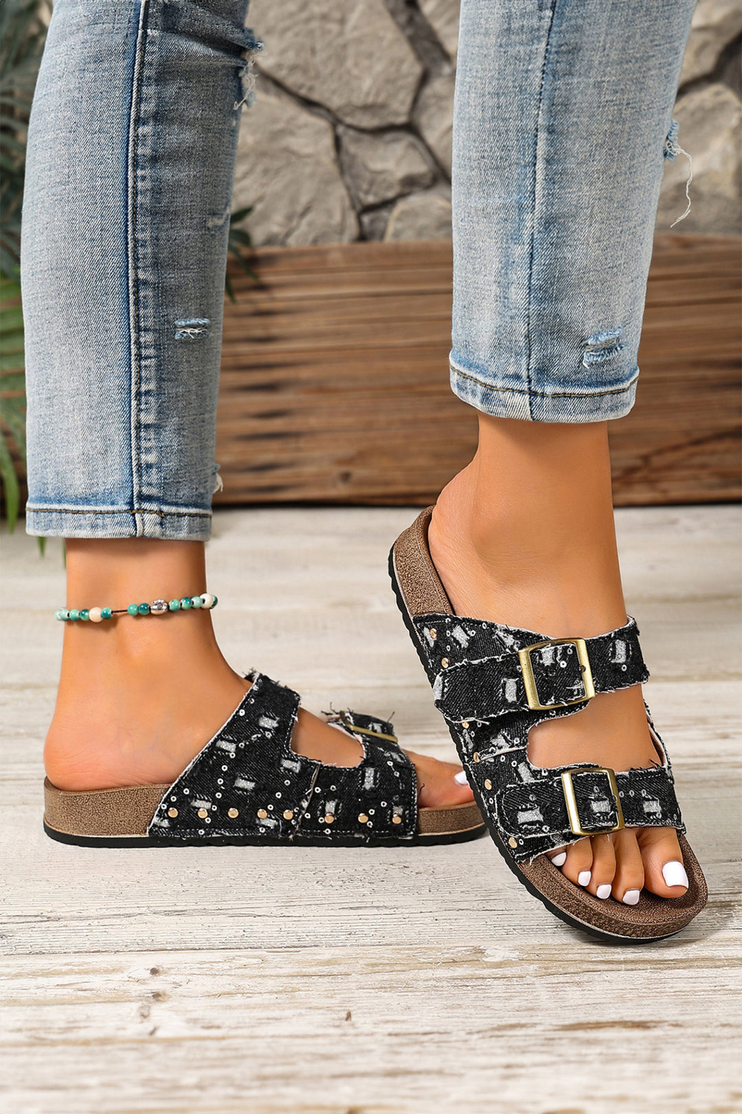 Coffee Two-tone Retro Buckle Straps Hollowed Faux Suede Slippers