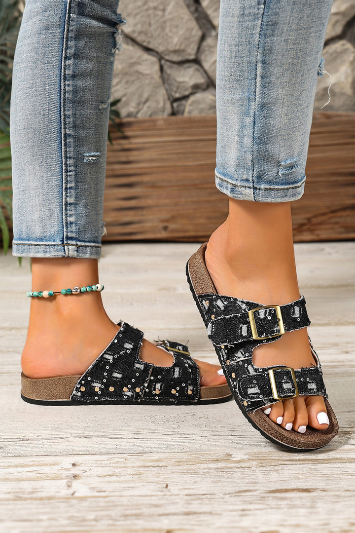Coffee Two-tone Retro Buckle Straps Hollowed Faux Suede Slippers