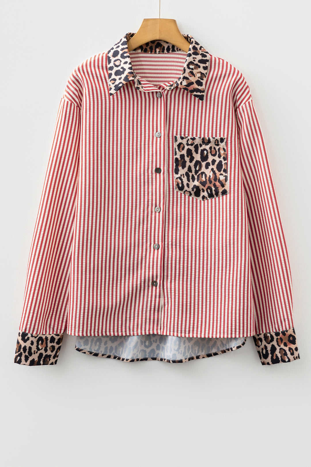 Racing Red Striped Leopard Print Patchwork Button Up Womens Shirt