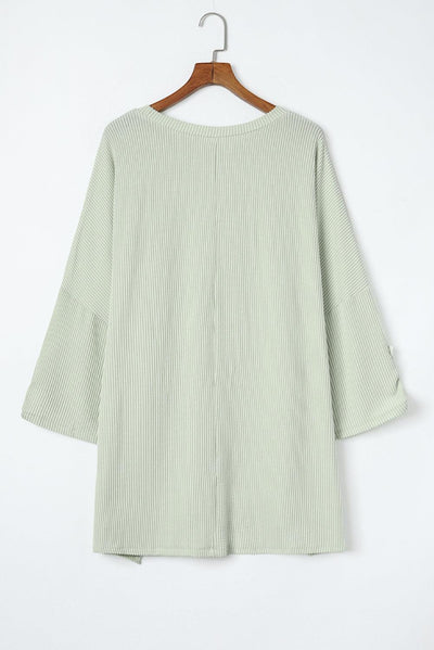 Green Ribbed Roll-tab Sleeve Chest Pocket Oversize Top