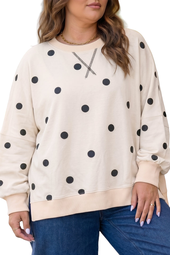 Yellow Round Neck Long Sleeve Polka Dot Plus Size Top