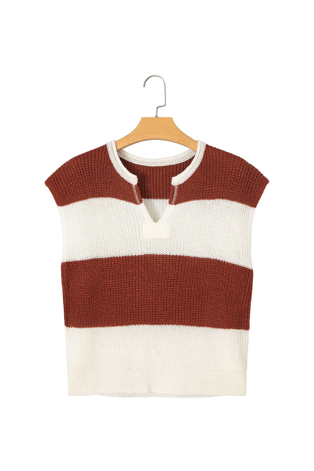Brown Stripe Striped Colorblock Knit V Neck Short Sleeve Loose Sweater
