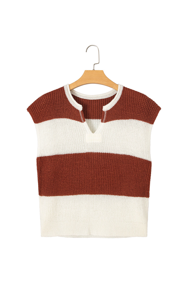 Brown Stripe Striped Colorblock Knit V Neck Short Sleeve Loose Sweater