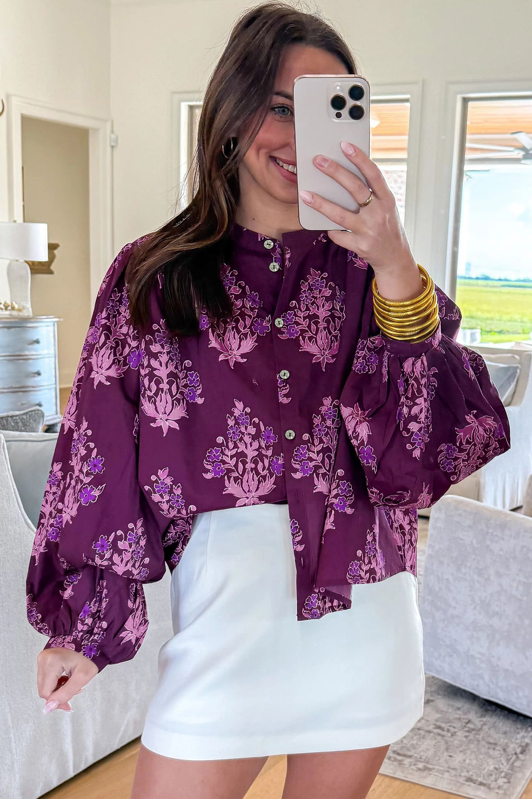 Purple Floral Print Button-Up Long Puff Sleeve Loose Shirt