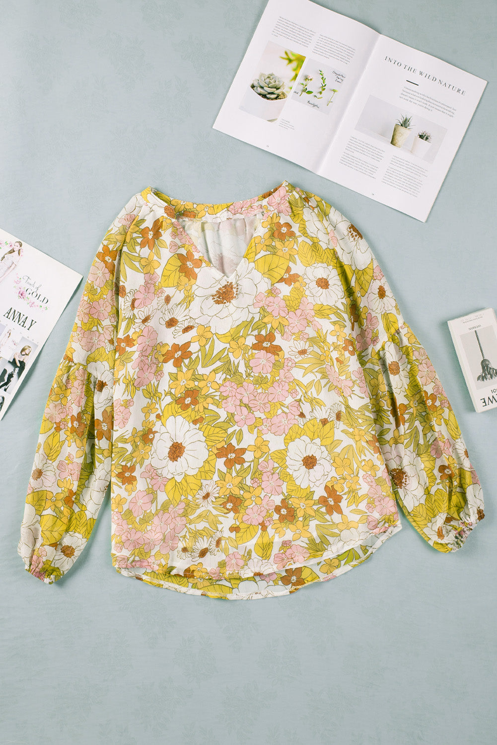 Yellow Floral Print V Neck Long Puff Sleeve Top