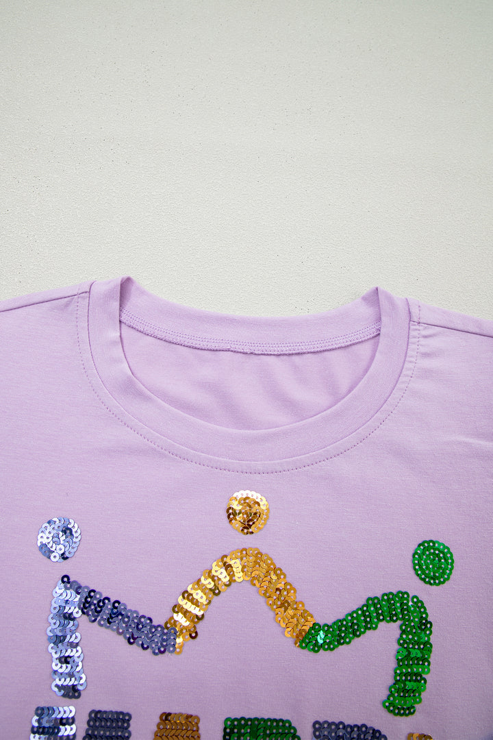 Orchid Petal Sequined MARDI GRAS Graphic Patchwork T Shirt