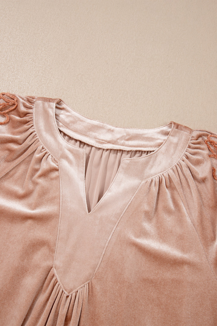 Light French Beige Embroidered Sleeve Velvet Mini Shift Dress