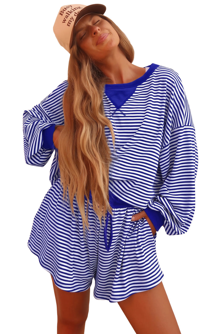 Brown Stripe Oversized Long Sleeve Top Drawstring Loose Shorts 2pcs Set