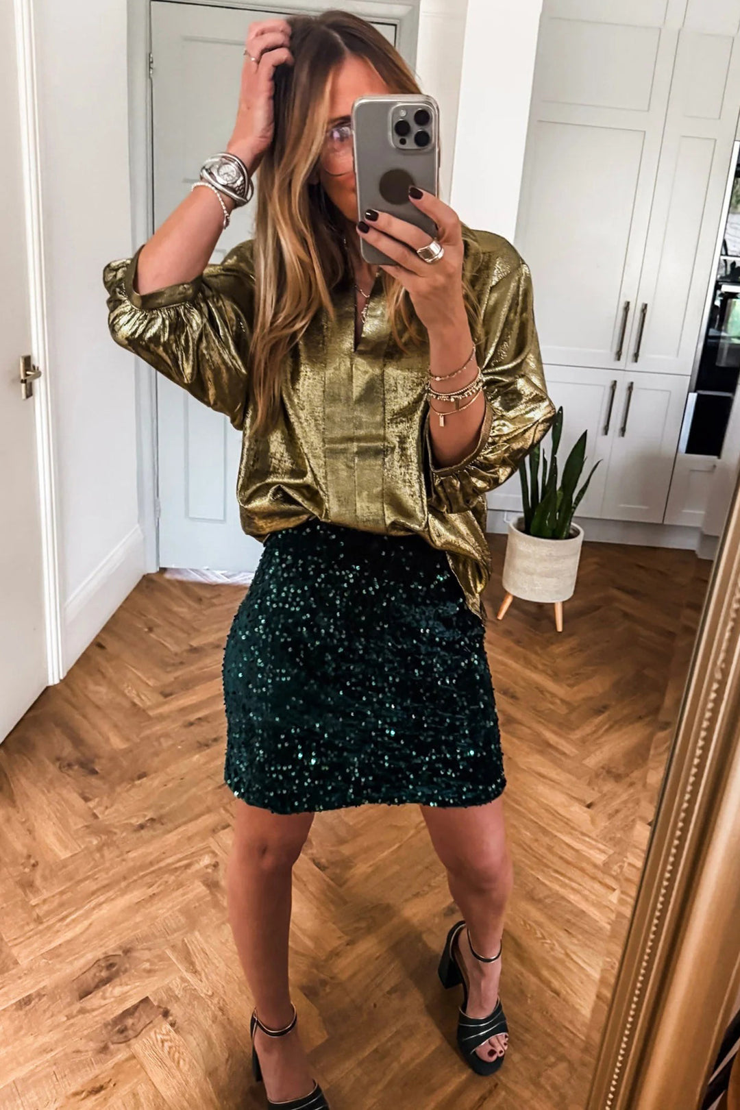 Gold Metallic Split Neck Half Sleeve Blouse