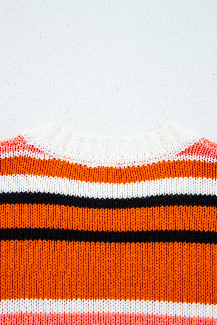 Orange Stripe Drop Shoulder Cropped Pullover Sweater