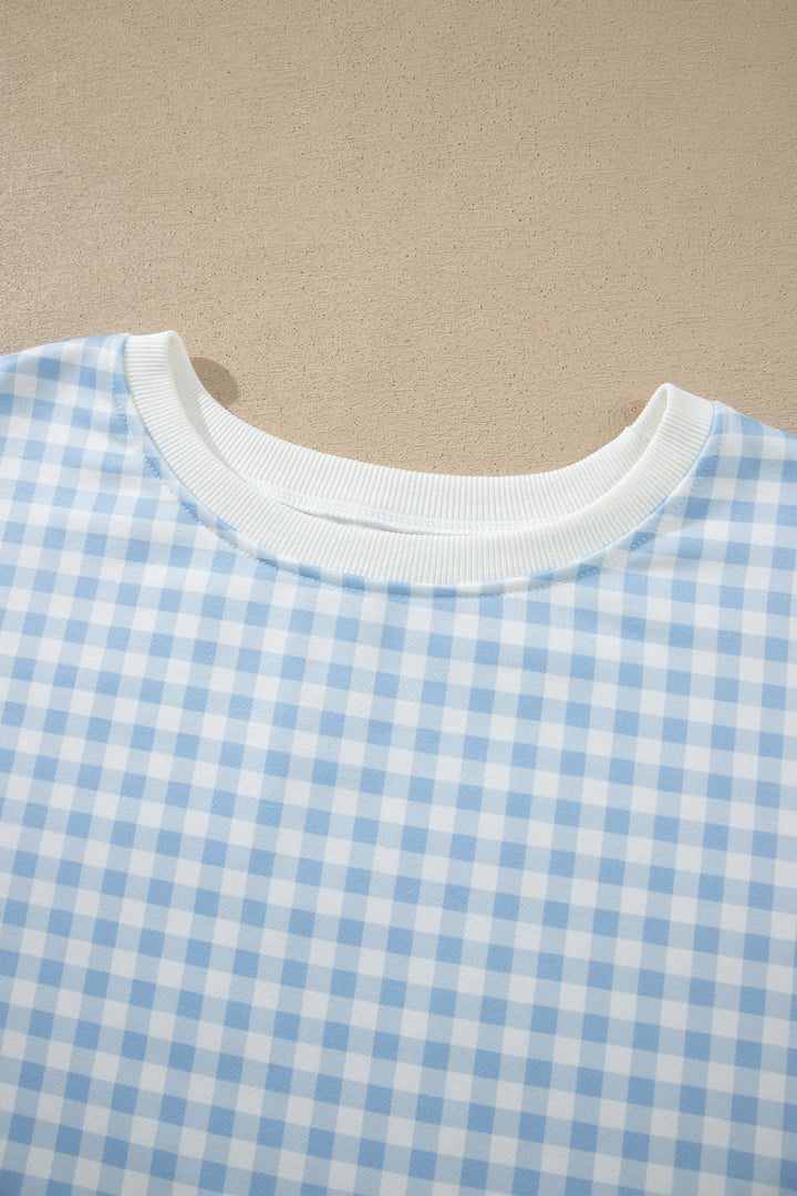 Sky Blue Gingham Loose Pullover Top Drawstring Shorts Plus Size Set