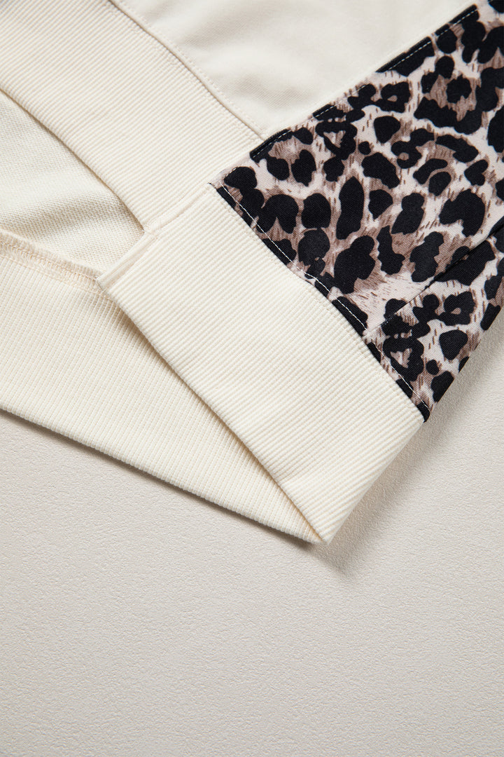 Beige Leopard Block Patchwork Uneven Hem Short Sleeve Top