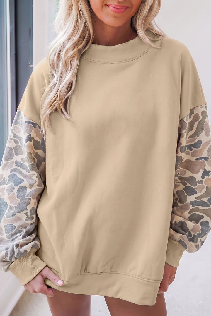 Coffee Camouflage Sleeve Crewneck Baggy Pullover Sweatshirt
