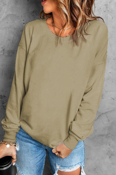 Khaki Plain Crew Neck Pullover Sweatshirt