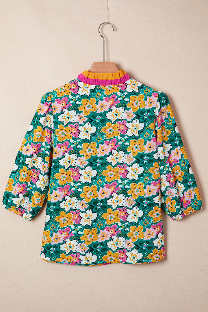 Green Floral Print Contrast Trim Frilled V Neck 3/4 Sleeve Blouse