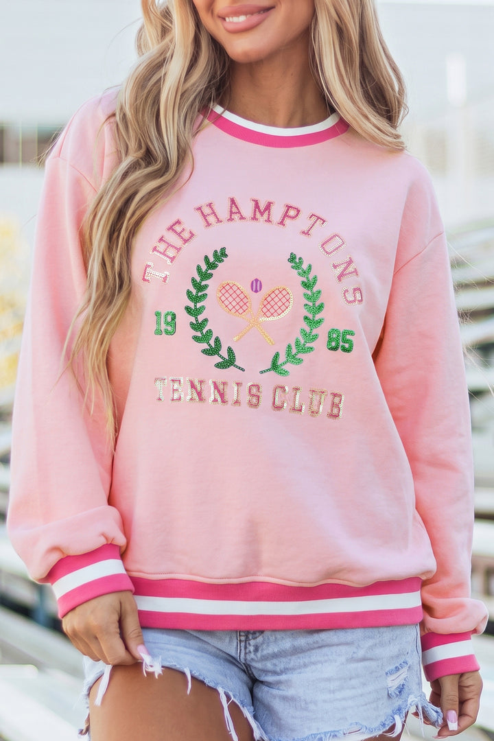Pink Embroidered Tennis Club Crew Neck Pullover Sweatshirt