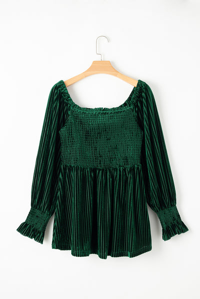 Blackish Green Smocked Ribbed Velvet Babydoll Top