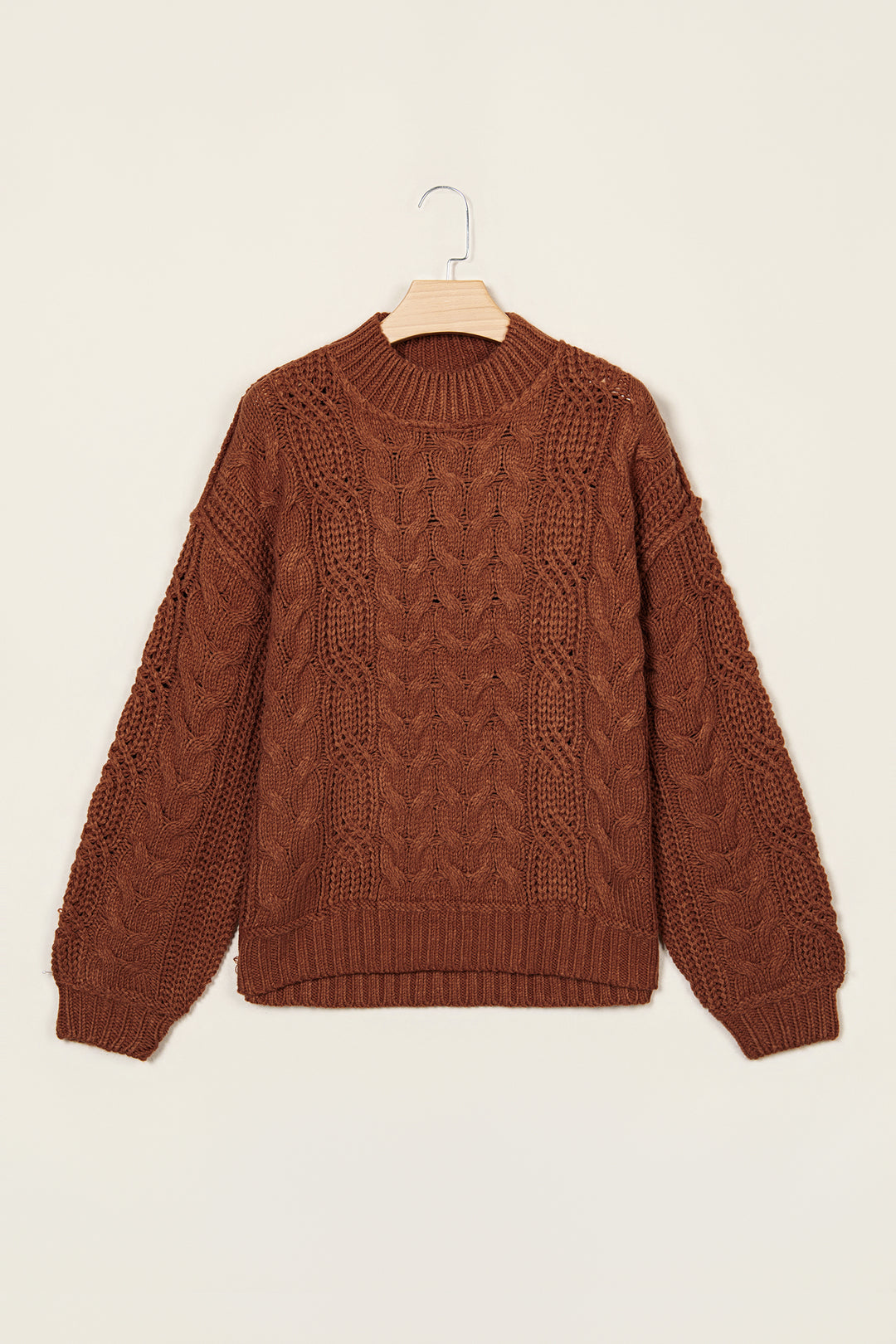 Coffee Solid Color Cable Knit High Neck Loose Pullover Sweater