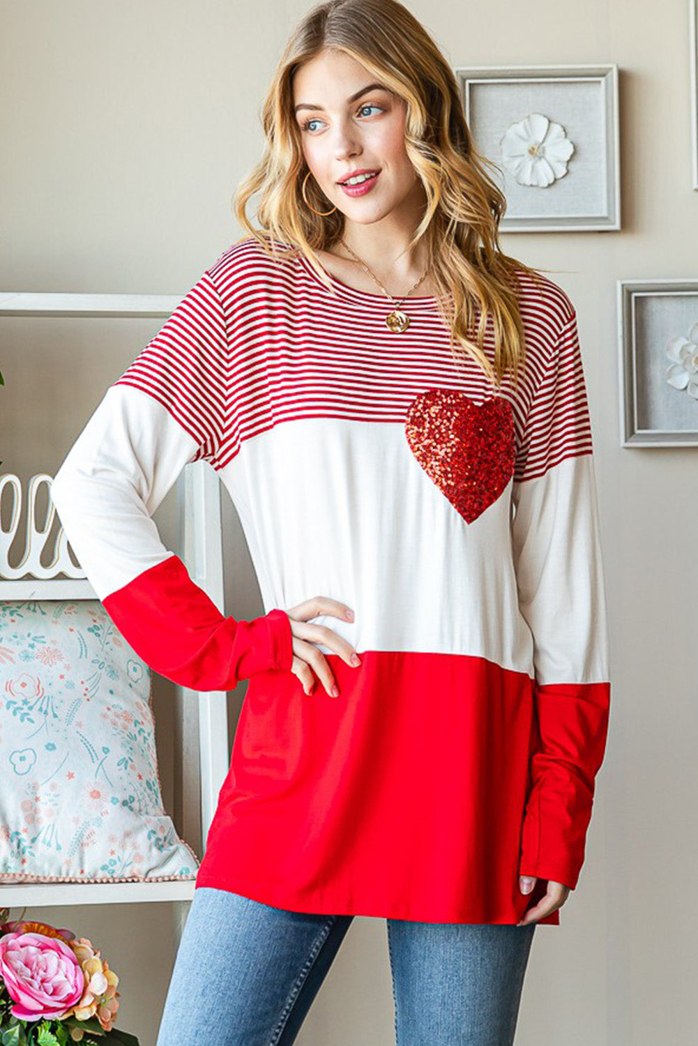 Fiery Red Valentine's Day Sequin Heart Striped Colorblock Top