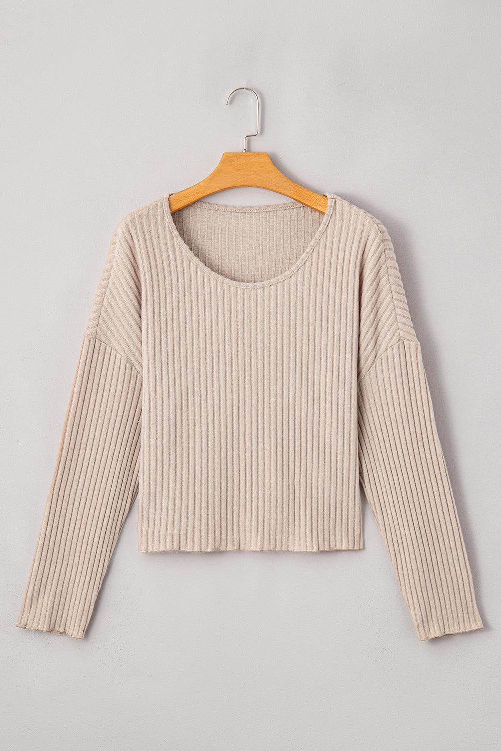 Beige Lettuce Cuffs Drop Shoulder Loose Ribbed Knit Top