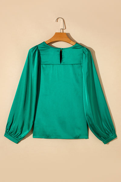 Green Satin Puff Long Sleeve Crewneck Blouse