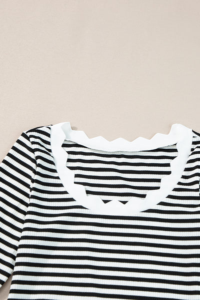 Black Striped Contrast Scallop Trim Half Sleeve T-shirt