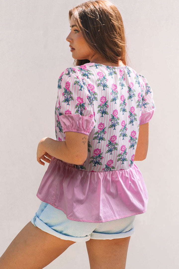 Theodora Patchwork Ruffle Hem Blouse