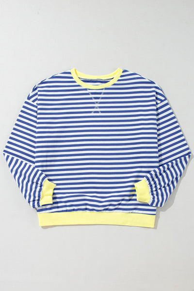 Blue Stripe Oversized Contrast Trim Pullover Sweatshirt