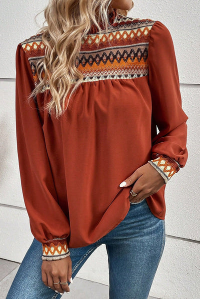 Red Clay Western Geometric Print Bubble Sleeve Frilled Neck Blouse