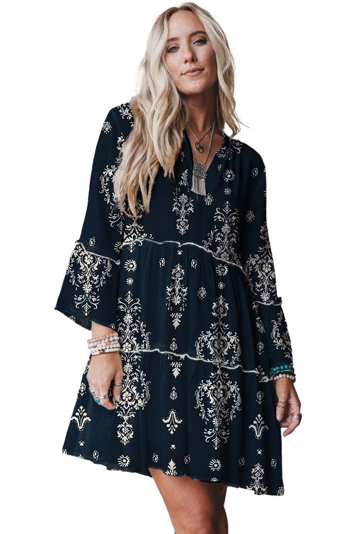 Blue Boho Floral Print Lettuce Trim 3/4 Sleeve Mini Dress