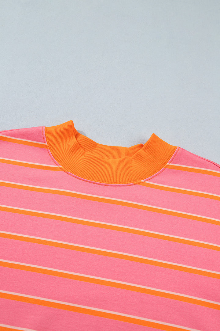 Rose Stripe Color Block Trim Long Sleeve Pullover Pocketed Shorts 2pcs Set
