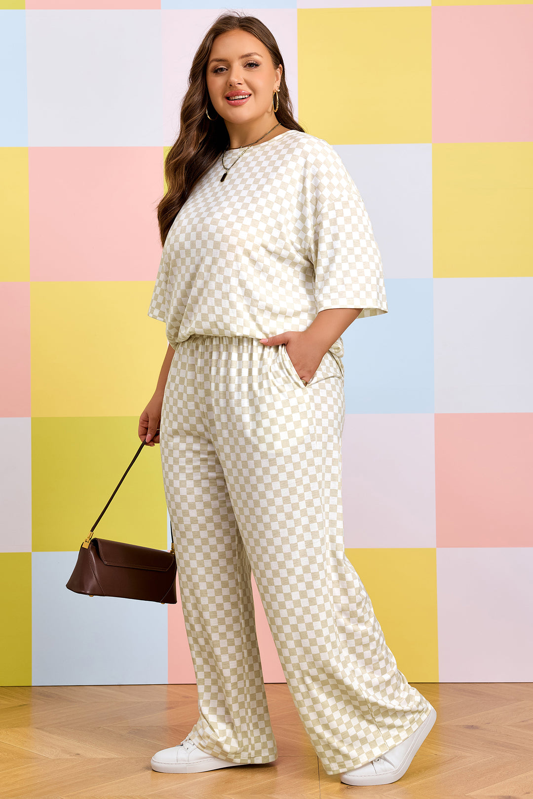 Khaki Plus Size Checkered Print Half Sleeve Tee Loose Pants Two-piece Lounge Set