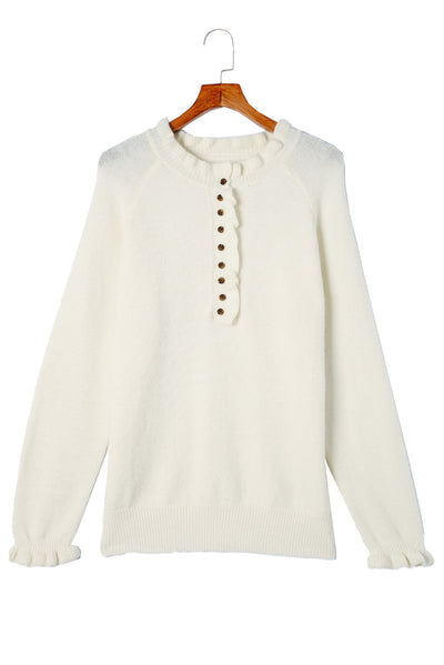 Beige Frill Trim Buttoned Knit Pullover Sweater