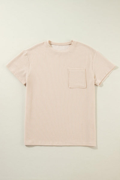 Beige Corded Knit Pocketed Loose Fit T Shirt