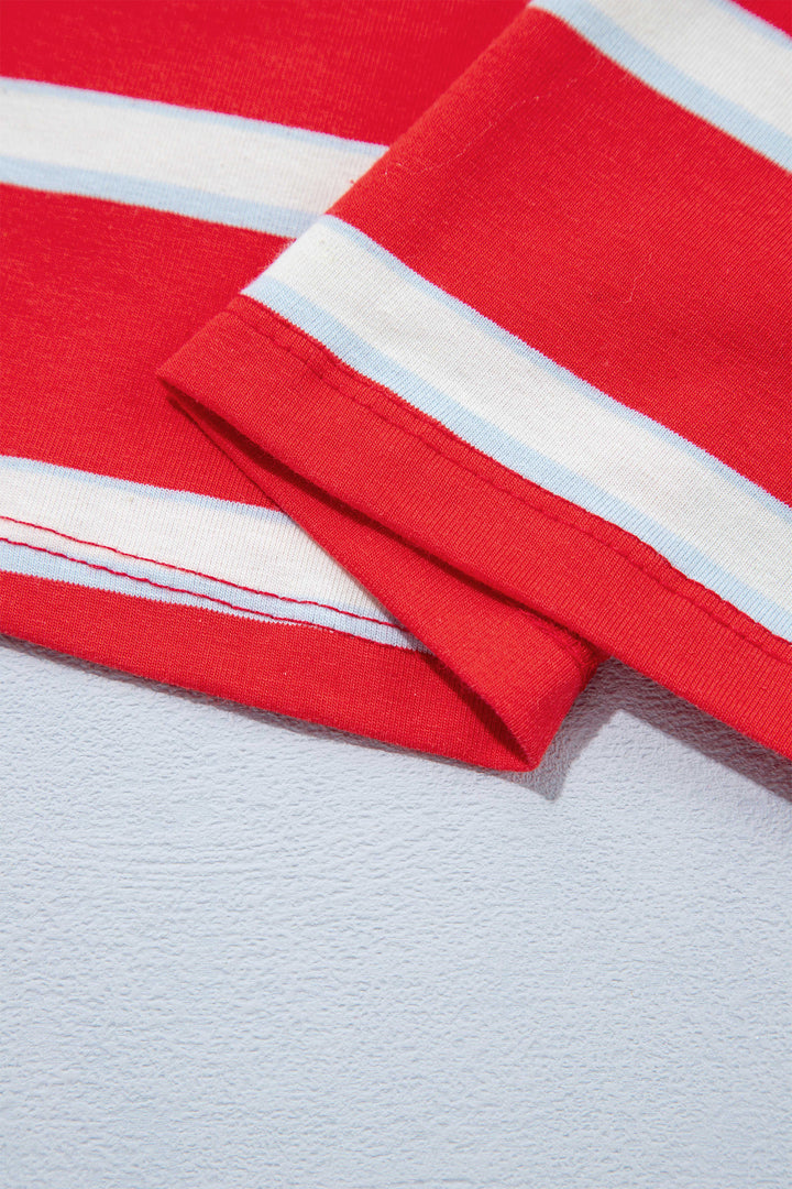 Racing Red Striped Bow Tie Hollowed Back 7/8 Sleeve Casual T-Shirt